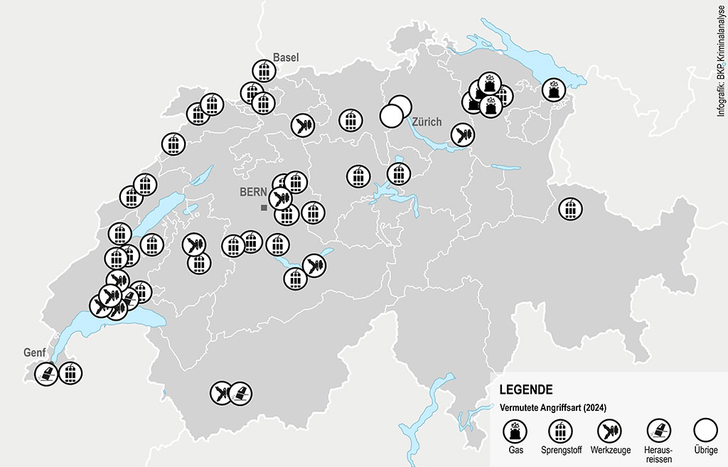 Infografik: Schweizerkarte mit Angaben zu Bancomat-Angriffen. Vermutete Angriffsarten (mit Gas, Sprengstoff, Werkzeuge, Herausgerissen)