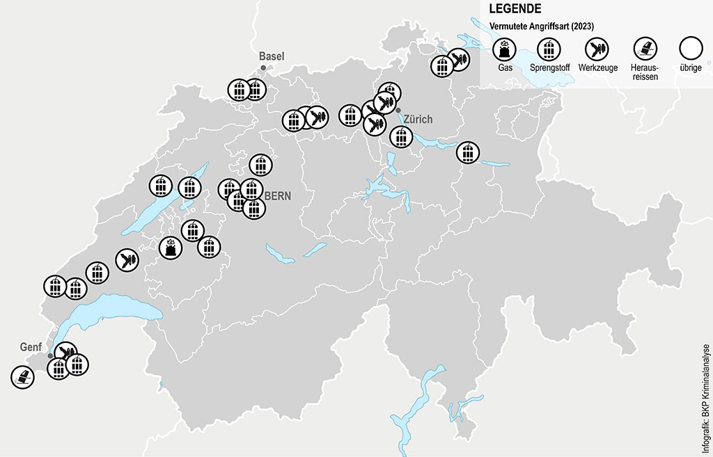 Infografik: Schweizerkarte mit Angaben zu Bancomat-Angriffen. Vermutete Angriffsarten (mit Gas, Sprengstoff, Werkzeuge, Herausgerissen)