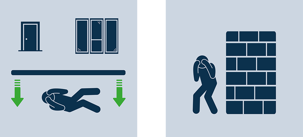 Entfernen Sie sich in Gebäuden von Türen und Fenstern.