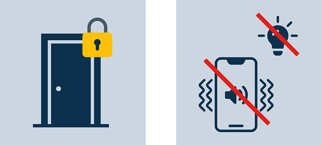 Verriegeln und verbarrikadieren Sie die Tür. 