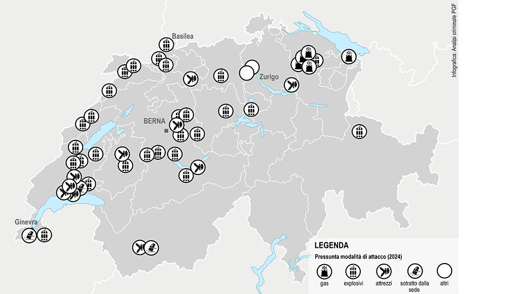 Infografica: Carta geografica della Svizzera - attachi ai bancomat. Pressunta modalità di attacco (Gas, Esplosivi, Altrezzi, Asportato dalla sua sede)