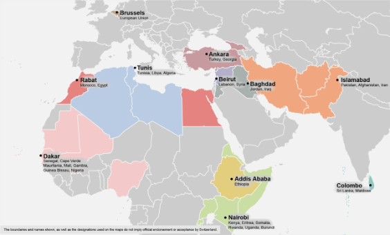 A map of Europe and Africa, extending to Sri Lanka shows the eight locations for Swiss immigration liaison officers in Ankara, Beirut, Tunis, Dakar, Abuja, Khartoum, Addis Ababa and Colombo.